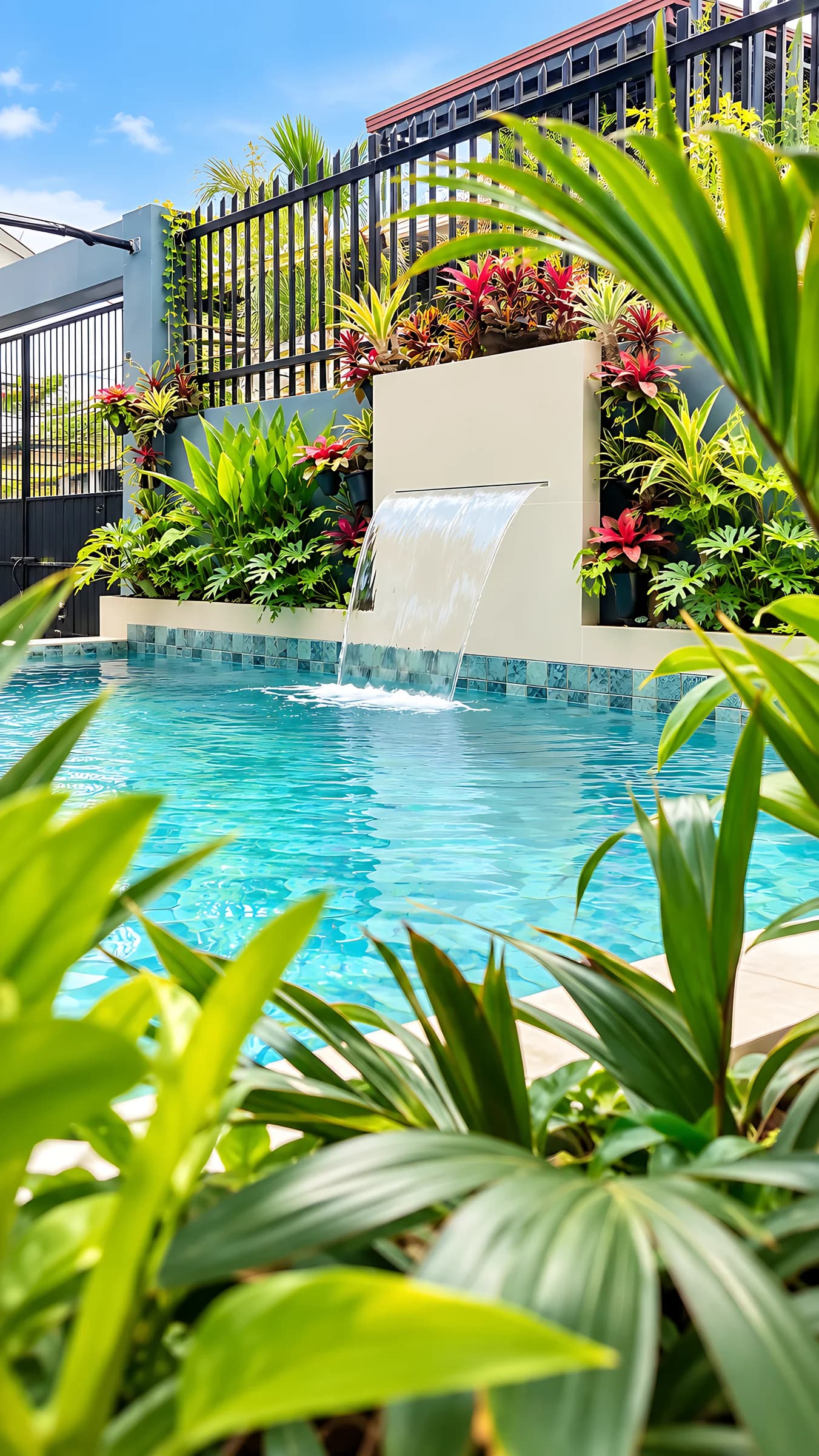 The pool on a bright day, a stone waterfall spilling into the far end between banks of tropical planting.